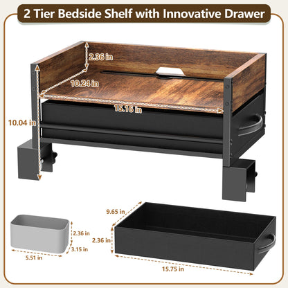 2 Tier Bedside Shelf for Dorm Bunk Bed, Clip On Nightstand with Fabric Drawer & Storage Box, Bed Side Table Tray Organizer, Bedside Tray with Cable Management for Dormitory, Back to School