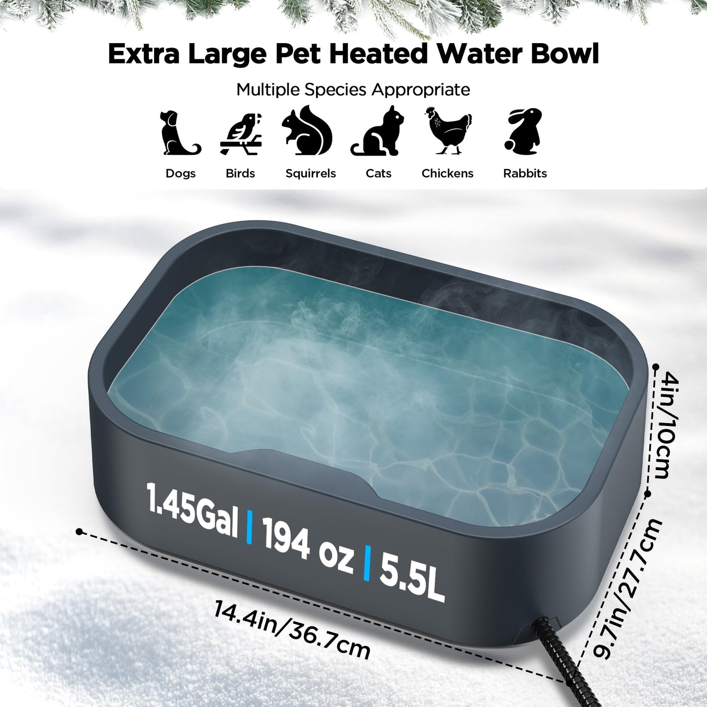 5.5L/1.45Gal Extra Large Heated Water Bowl, Indoor & Outdoor Winter Antifreezing Pet Heated Thermal Water Bowl Dish, Anti Chewy Cord, BPA-Free, Pet Products for Dog Cats Rabbit Chicken Duck Squirrel