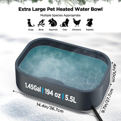 5.5L/1.45Gal Extra Large Heated Water Bowl, Indoor & Outdoor Winter Antifreezing Pet Heated Thermal Water Bowl Dish, Anti Chewy Cord, BPA-Free, Pet Products for Dog Cats Rabbit Chicken Duck Squirrel