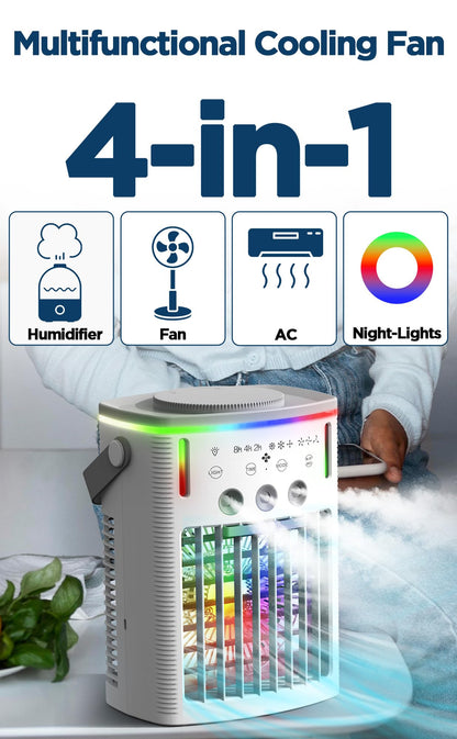 Portable Air Conditioners Fans, 4 in 1 Humidifier/Air Conditioner/Fan/Night Light, 3 Wind Speed & Spray, 2-8H Timer, Personal Mini Evaporative Air Cooling Fan with Remote, for Home/Office/Bedroom
