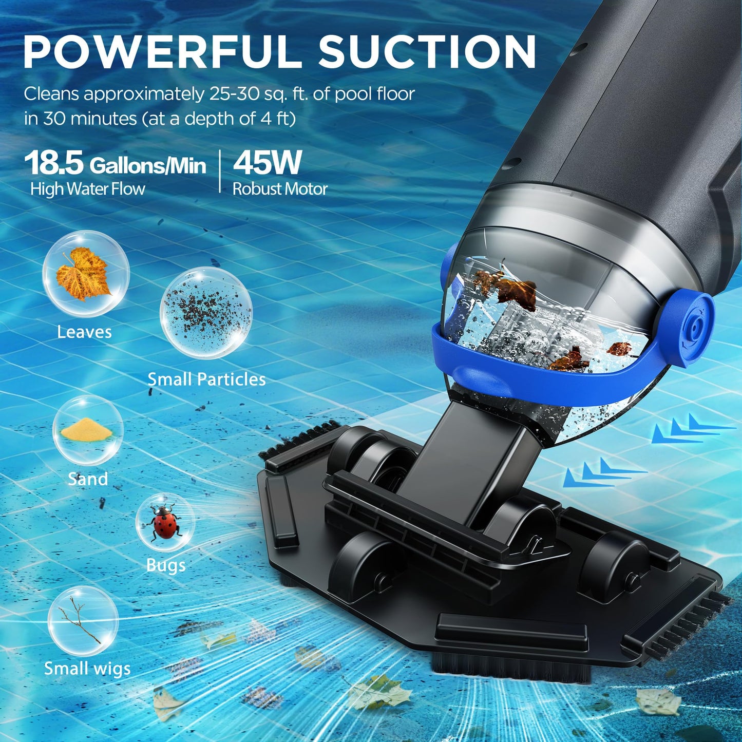 Pool Vacuum for Above Ground Inground Pool with 72'' Extension Pole, 1-Hour WorkTime, 2 Cleaning Heads, 18.5 GPM Powerful Suction, Handheld Rechargeable Cordless Pool Cleaner with 4 Collection Filters