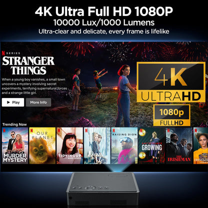 Netflix Licensed Projector, Native 1080P 4K Supported Smart WiFi Bluetooth Projector, Auto Focus & 6D Keystone, Dolby Audio, [10000 Lux/1000 Lumens] Home & Outdoor Cinema with HDMI/USB/AV Input