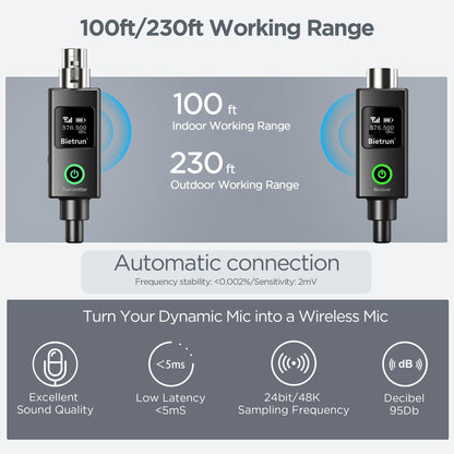 Bietrun Wireless XLR Transmitter Receiver with 48V Phantom Power, UHF 230ft Range, 30 Channels, Wired Change to Wireless Mic XLR Adapter for Dynamic or Condenser Mics (with XLR to 1/4'' Adapter)