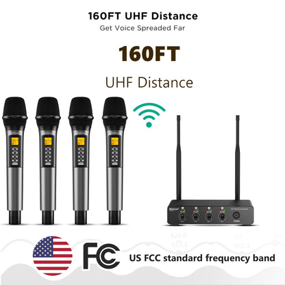 Bietrun 4 Channel Wireless Microphone with Echo/Treble/Bass, 160 ft UHF Range, 4 XLR+1/4‘’Output, Metal Cordless Handheld Dynamic Mics System for Wedding, Church, Karaoke, Singing, DJ(Auto Connect)