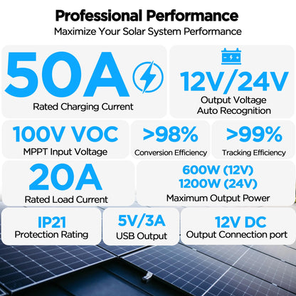50A 12V/24V MPPT Solar Charge Controller with Bluetooth&WiFi APP Control, Output Power 600W (12V)/120W (24V), Max PV Input 100V, for LiFePO4, SLD, Gel, FLD, AGM Battery, for Renogy, SunPower PV System
