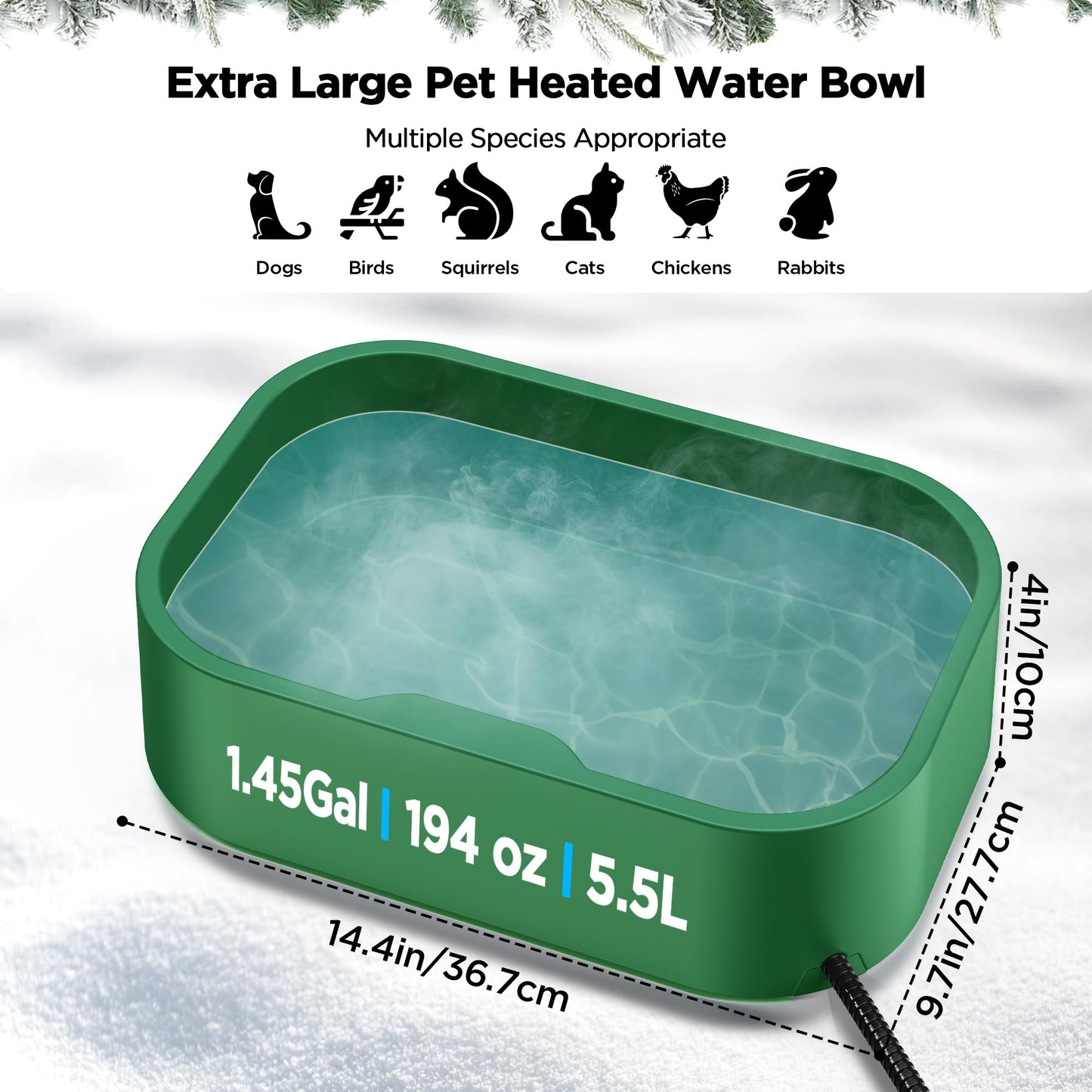 5.5L/1.45Gal Extra Large Heated Water Bowl, Indoor & Outdoor Winter Antifreezing Pet Heated Thermal Water Bowl Dish, Anti Chewy Cord, BPA-Free, Pet Products for Dog Cats Rabbit Chicken Duck Squirrel