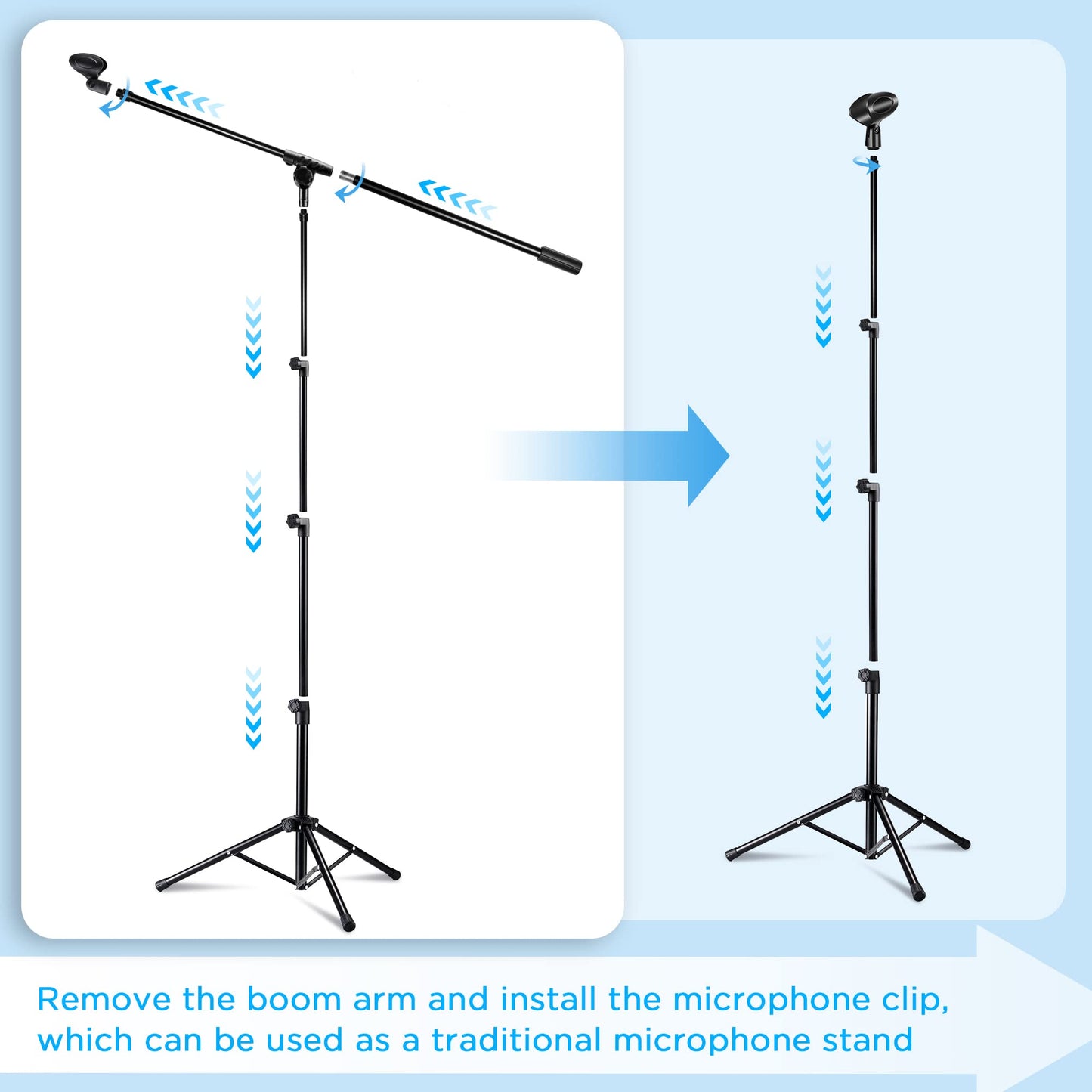 Microphone Stand 2 Pack, Bietrun Tripod Mic Stand Adjustable Boom Height, with Carry Bag & Mic Clips, Detachable Boom Mic Stand for Singing Performance Wedding Stage Church