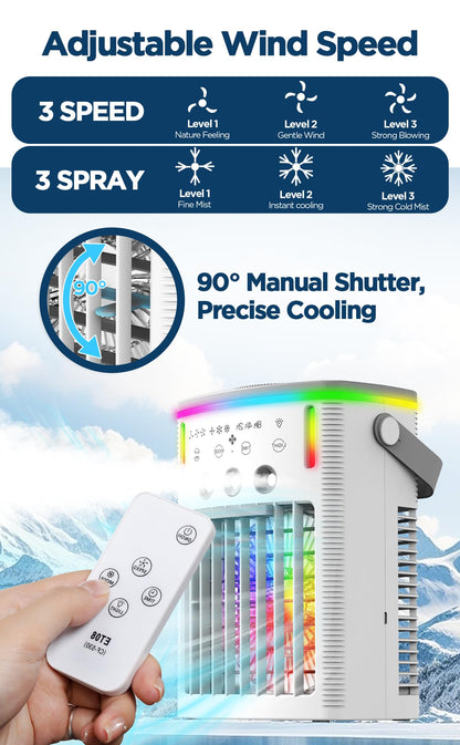 Portable Air Conditioners Fans, 4 in 1 Humidifier/Air Conditioner/Fan/Night Light, 3 Wind Speed & Spray, 2-8H Timer, Personal Mini Evaporative Air Cooling Fan with Remote, for Home/Office/Bedroom