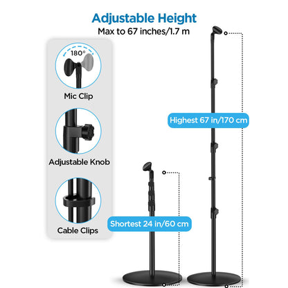 Round Base Microphone Stand, Bietrun Heavy Duty Adjustable Metal Mic Floor Stand for Singing/Church/Stage with 2 Universal Mic Clip, 3/8'' to 5/8''Adapter, for Shure SM7B/SM58/Samson Q2U/Podmic?More