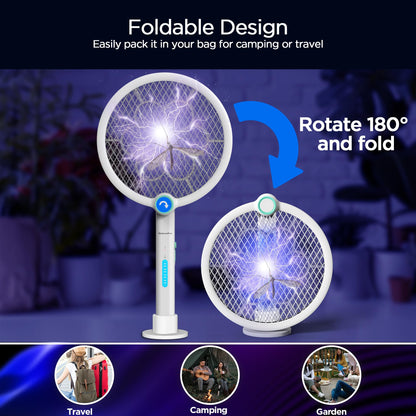Foldable Electric Fly Swatter 3800V Bug Zapper Racket Rechargeable with UV Lights, Portable Handheld Cordless Mosquito Rackets to Kill Mosquitoes, Wasps, Gnats, Fruit Flies, Flies for Indoor Home