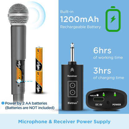Bietrun Wireless Microphone, UHF Single Handheld Cordless Dynamic Metal Mic Set with Rechargeable Receiver, 1/4'' Plug Output, for Karaoke, Church, Wedding, Party Singing(98 ft Range)(Auto Connect)