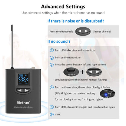 Bietrun UHF Wireless Lavalier Lapel Microphone System/Headset Mic/Stand Mic, 165ft Range, Rechargeable Transmitter Receiver, 1/4" Output, for iPhone,Android,PA Speaker,DSLR Camera,YouTube, Recording