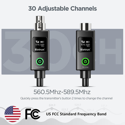 Bietrun Wireless XLR Transmitter Receiver with 48V Phantom Power, UHF 230ft Range, 30 Channels, Wired Change to Wireless Mic XLR Adapter for Dynamic or Condenser Mics (with XLR to 1/4'' Adapter)