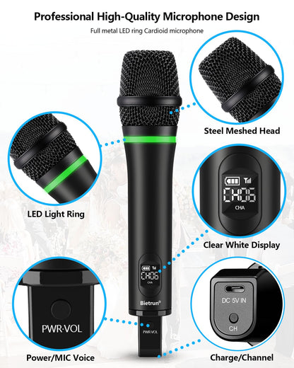 Bietrun XLR Wireless Microphone, Rechargeable Dual Metal Cordless Handheld Dynamic Mics for Mixer, Audio Interface, PA Amplifier System, Church, Singing, Karaoke(UHF 240FT Range)(with 6.35 Adapter)