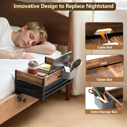 2 Tier Bedside Shelf for Dorm Bunk Bed, Clip On Nightstand with Fabric Drawer & Storage Box, Bed Side Table Tray Organizer, Bedside Tray with Cable Management for Dormitory, Back to School