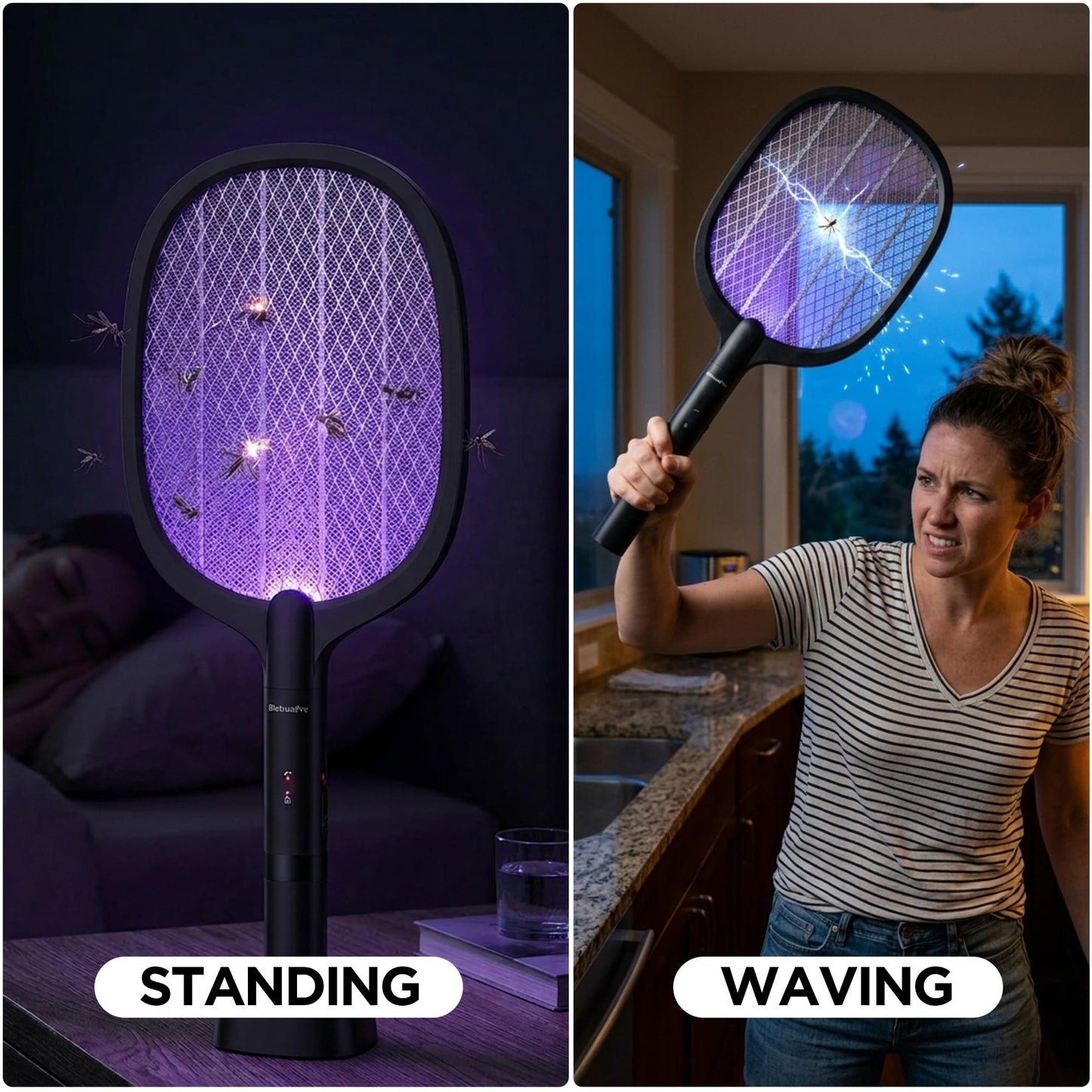 Fly Swatter Electric(2 Pack), USB-C Rechargeable Electric Mosquito Racket, Portable Handheld Cordless Electric Bug Zapper Indoor Racket to Kill Mosquitoes, Wasps, Gnats, Flies, Bugs, with Stand