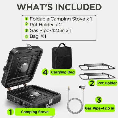 Propane 2-Burner Camping Stove with Carrying Bag, 17500 BTU Adjustable Burners, Portable Folding Gas Stove for Camping, Outdoor Cooking, Backpacking Camp Stove for BBQ, Camping Tailgating