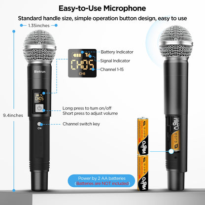 Bietrun 4-Channel Wireless Microphones System with 4 Handheld Mics, UHF Metal Dynamic Cordless Mics for Karaoke, Singing, Church, Family Theater(Auto Connect/295FT Range/Fixed Frequency), Black