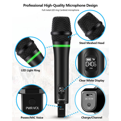 Bietrun Wireless Microphone Rechargeable, 168FT Range Bluetooth Microphone Wireless (Work 7 hrs) with 1/4'' Output, UHF Metal Handheld Dynamic Mic for Karaoke Machine/PA System/Speaker/Church/Wedding