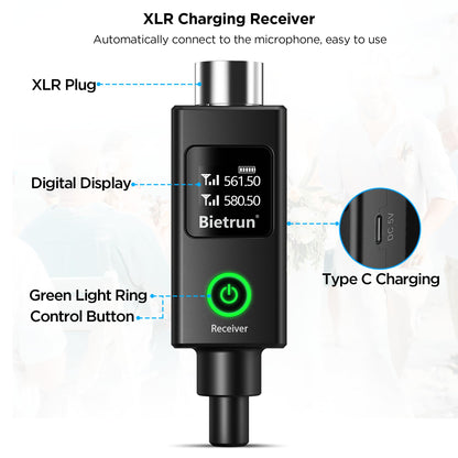 Bietrun XLR Wireless Microphone, Rechargeable Dual Metal Cordless Handheld Dynamic Mics for Mixer, Audio Interface, PA Amplifier System, Church, Singing, Karaoke(UHF 240FT Range)(with 6.35 Adapter)