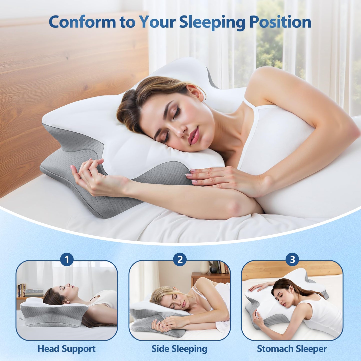 Cervical Neck Pillow for Sleeping, Ergonomic Contour Side Sleeper Pillows for Adults, Cooling Orthopedic Pillow for Pain Relief Support, Memory Foam Pillows Back Stomach Sleepers