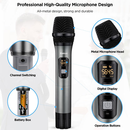 Bietrun XLR Wireless Microphone, UHF Dual Handheld Dynamic Metal Mic Set with XLR Rechargeable Receiver, XLR to 1/4'' Adapter, for Karaoke, Church, Wedding, Party Singing(160 ft Range)(Auto Connect)