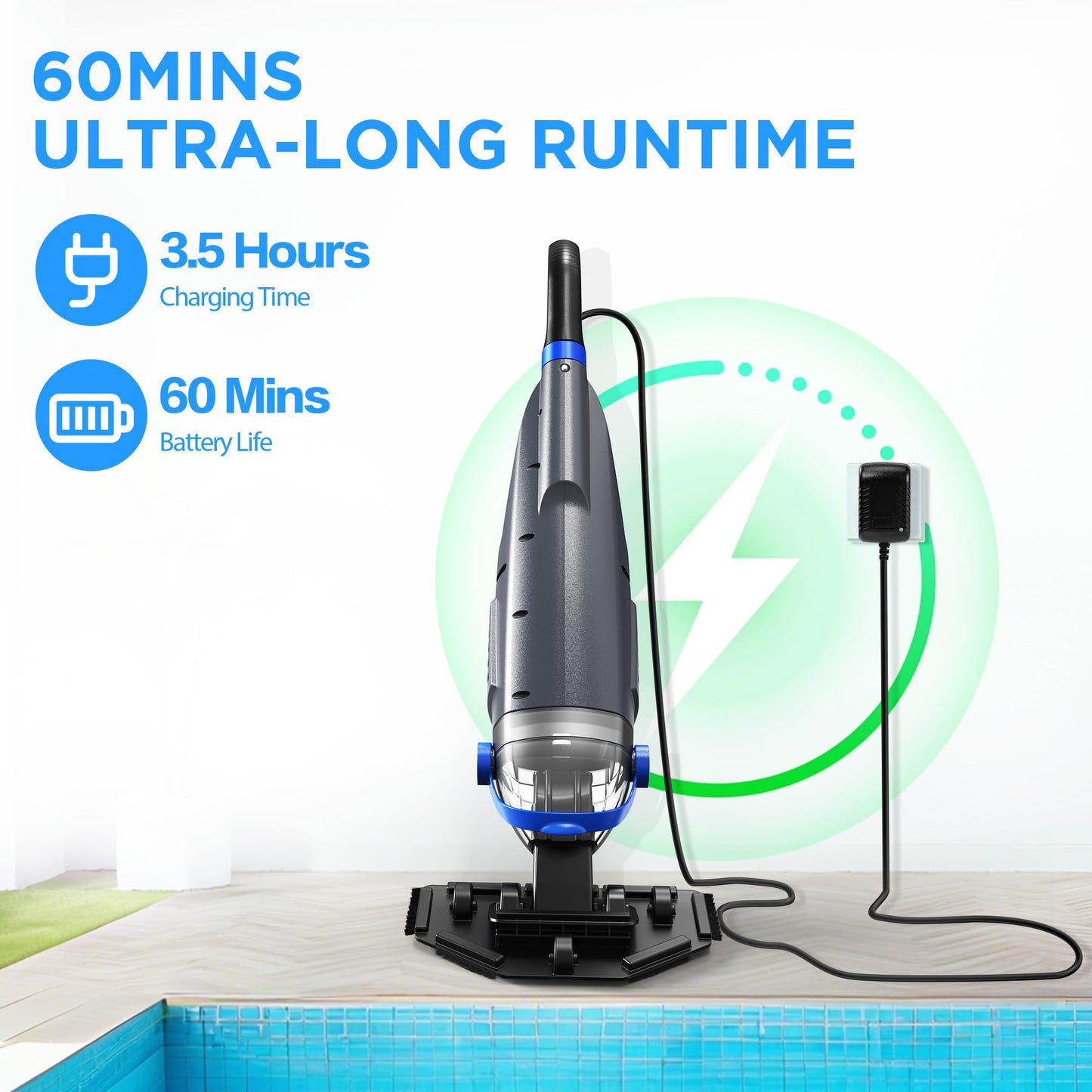 Pool Vacuum for Above Ground Inground Pool with 72'' Extension Pole, 1-Hour WorkTime, 2 Cleaning Heads, 18.5 GPM Powerful Suction, Handheld Rechargeable Cordless Pool Cleaner with 4 Collection Filters