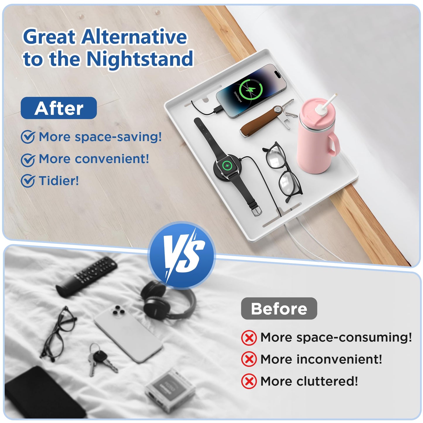 Bedside Shelf for Dorm Bunk Bed, Clip On Nightstand, Bed Side Table Tray Organizer, College Dorm Room Essentials for Girls/Guys, with Cable Management for Dormitory, Back to School