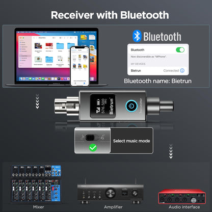 Bietrun Wireless XLR Transmitter Receiver, Wired to Wireless Mic XLR Adapter, UHF 230ft Range, 30 Channels, Receiver with Bluetooth, XLR to 1/4'' Adapter, for Dynamic/Condenser Mics, Audio Interface