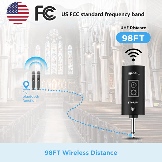 Bietrun Wireless Microphone, UHF Single Handheld Cordless Dynamic Metal Mic Set with Rechargeable Receiver, 1/4'' Plug Output, for Karaoke, Church, Wedding, Party Singing(98 ft Range)(Auto Connect)