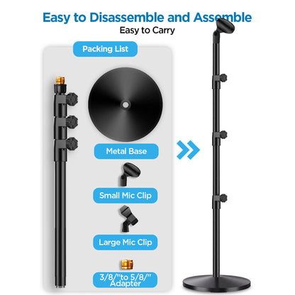 Round Base Microphone Stand, Bietrun Heavy Duty Adjustable Metal Mic Floor Stand for Singing/Church/Stage with 2 Universal Mic Clip, 3/8'' to 5/8''Adapter, for Shure SM7B/SM58/Samson Q2U/Podmic?More