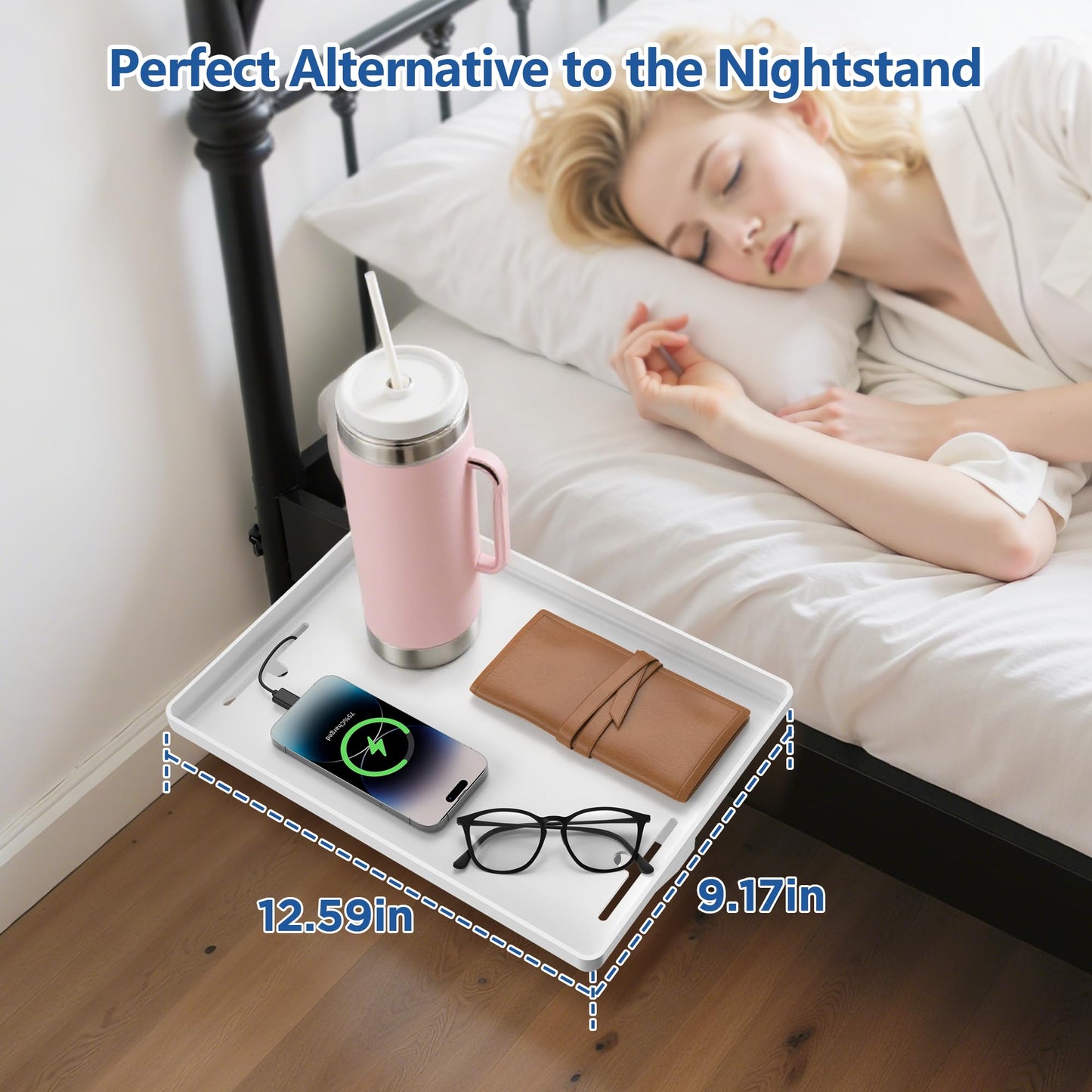 Bedside Shelf for Dorm Bunk Bed, Clip On Nightstand, Bed Side Table Tray Organizer, College Dorm Room Essentials for Girls/Guys, with Cable Management for Dormitory, Back to School