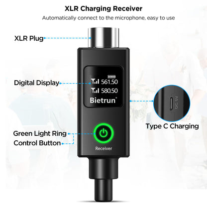 Bietrun XLR Wireless Microphone, UHF Dual Handheld Dynamic Metal Mic Set with XLR Rechargeable Receiver, XLR to 1/4'' Adapter, for Karaoke, Church, Wedding, Party Singing(160 ft Range)(Auto Connect)