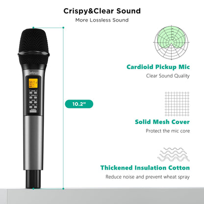 Bietrun 4 Channel Wireless Microphone with Echo/Treble/Bass, 160 ft UHF Range, 4 XLR+1/4‘’Output, Metal Cordless Handheld Dynamic Mics System for Wedding, Church, Karaoke, Singing, DJ(Auto Connect)
