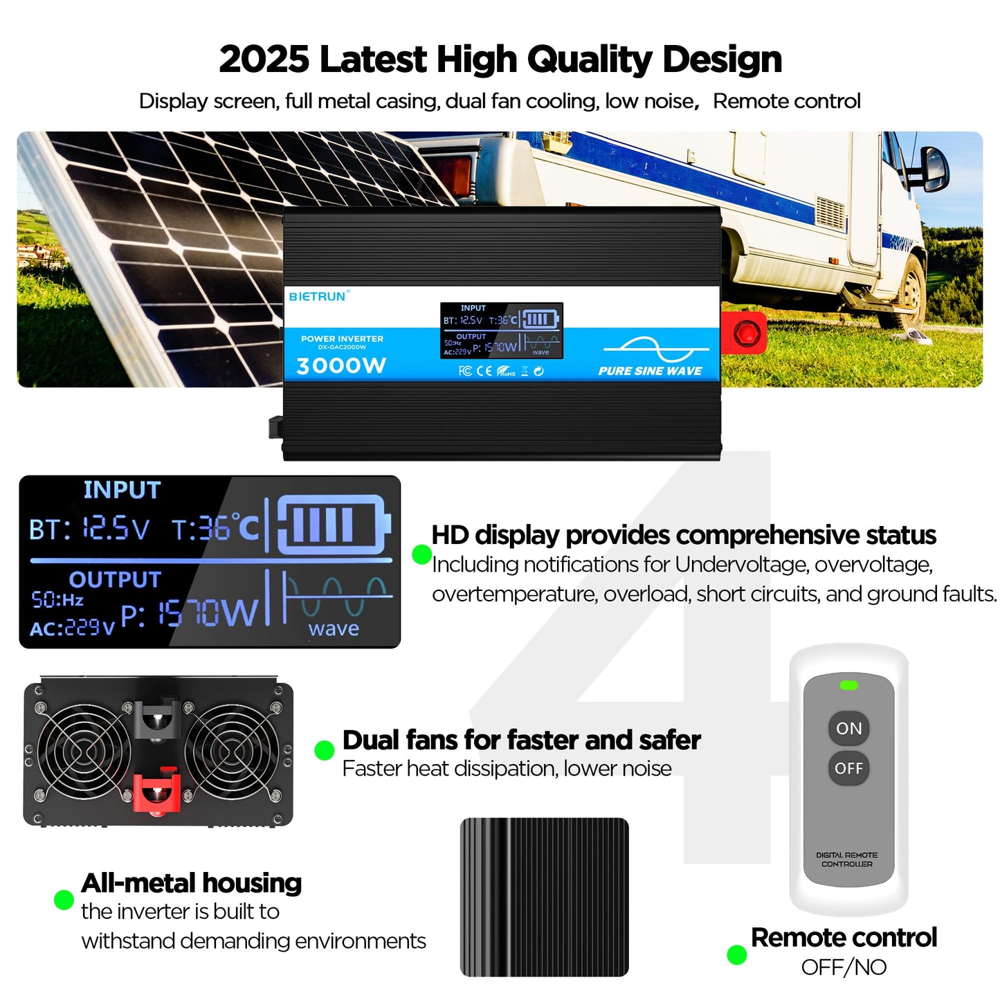 3000W Pure Sine Wave Inverter, 12V to 120V Inverter Converter for LiFePO4, SLD, Gel, FLD, AGM Battery, Peak 6000W, GFCI and Overload Protection, LED Display, Remote Controller, for RV, Marine, Home