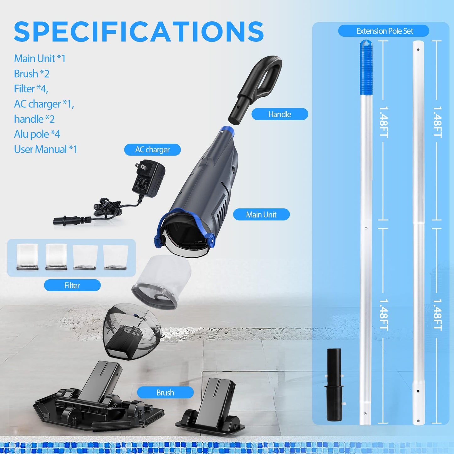 Pool Vacuum for Above Ground Inground Pool with 72'' Extension Pole, 1-Hour WorkTime, 2 Cleaning Heads, 18.5 GPM Powerful Suction, Handheld Rechargeable Cordless Pool Cleaner with 4 Collection Filters