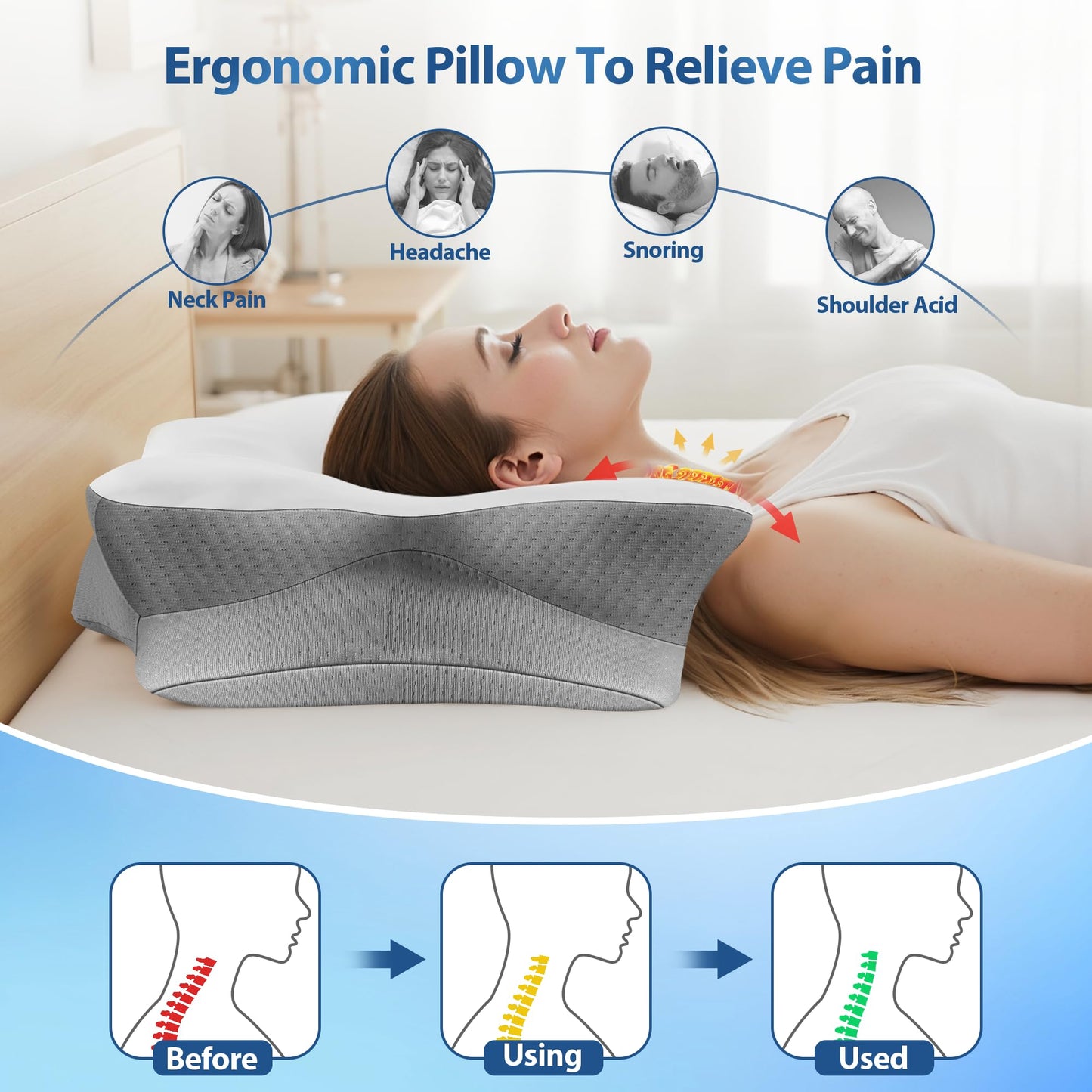 Cervical Neck Pillow for Sleeping, Ergonomic Contour Side Sleeper Pillows for Adults, Cooling Orthopedic Pillow for Pain Relief Support, Memory Foam Pillows Back Stomach Sleepers