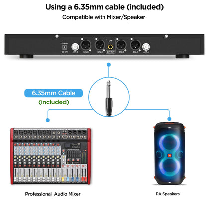 Bietrun 4-Channel Wireless Microphones System with 4 Handheld Mics, UHF Metal Dynamic Cordless Mics for Karaoke, Singing, Church, Family Theater(Auto Connect/295FT Range/Fixed Frequency), Black