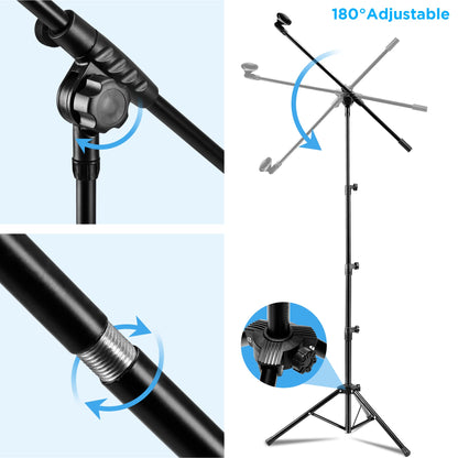 Microphone Stand 2 Pack, Bietrun Tripod Mic Stand Adjustable Boom Height, with Carry Bag & Mic Clips, Detachable Boom Mic Stand for Singing Performance Wedding Stage Church