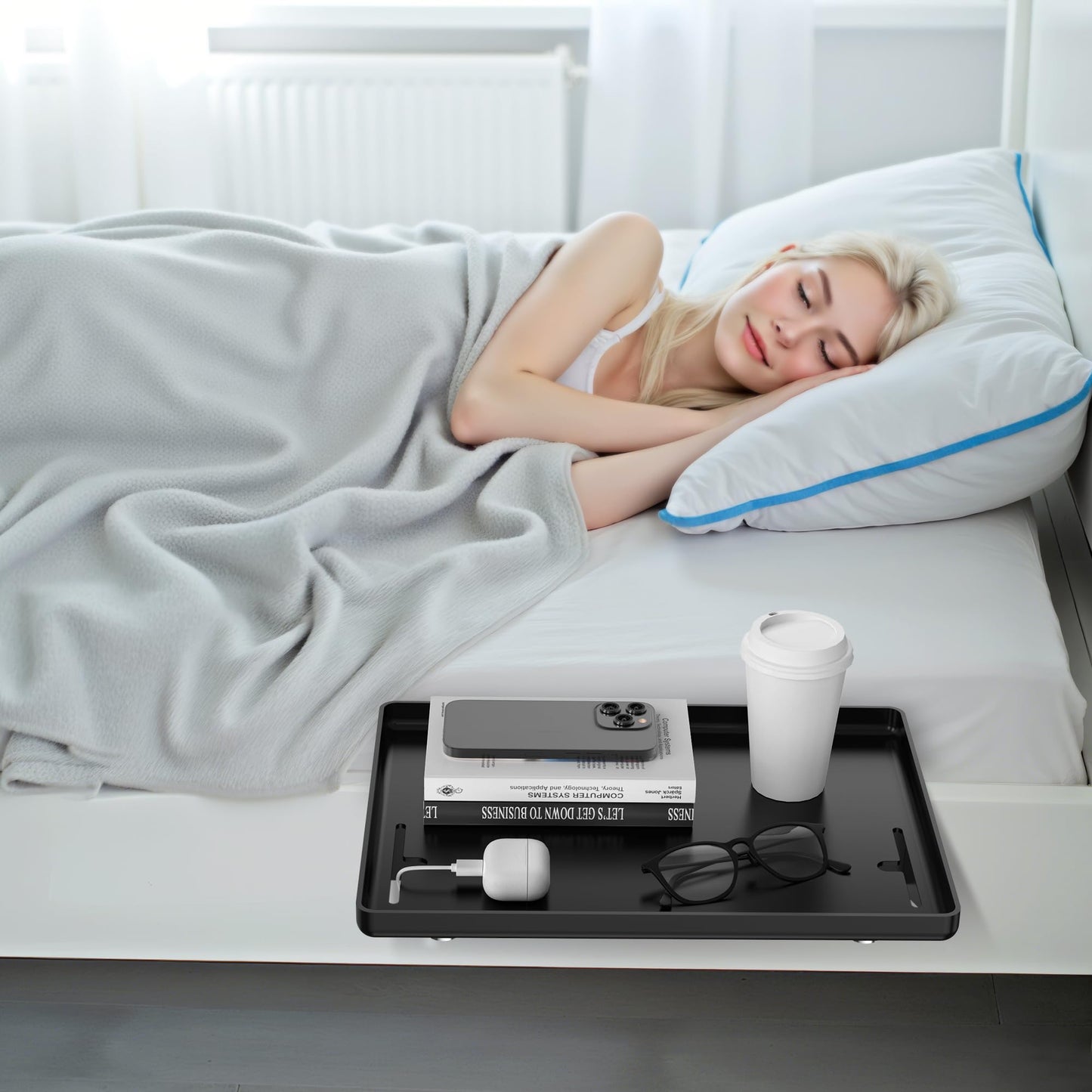 Bedside Shelf for Dorm Bunk Bed, Clip On Nightstand, Bed Side Table Tray Organizer, College Dorm Room Essentials for Girls/Guys, with Cable Management for Dormitory, Back to School