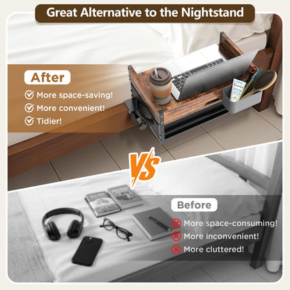 2 Tier Bedside Shelf for Dorm Bunk Bed, Clip On Nightstand with Fabric Drawer & Storage Box, Bed Side Table Tray Organizer, Bedside Tray with Cable Management for Dormitory, Back to School