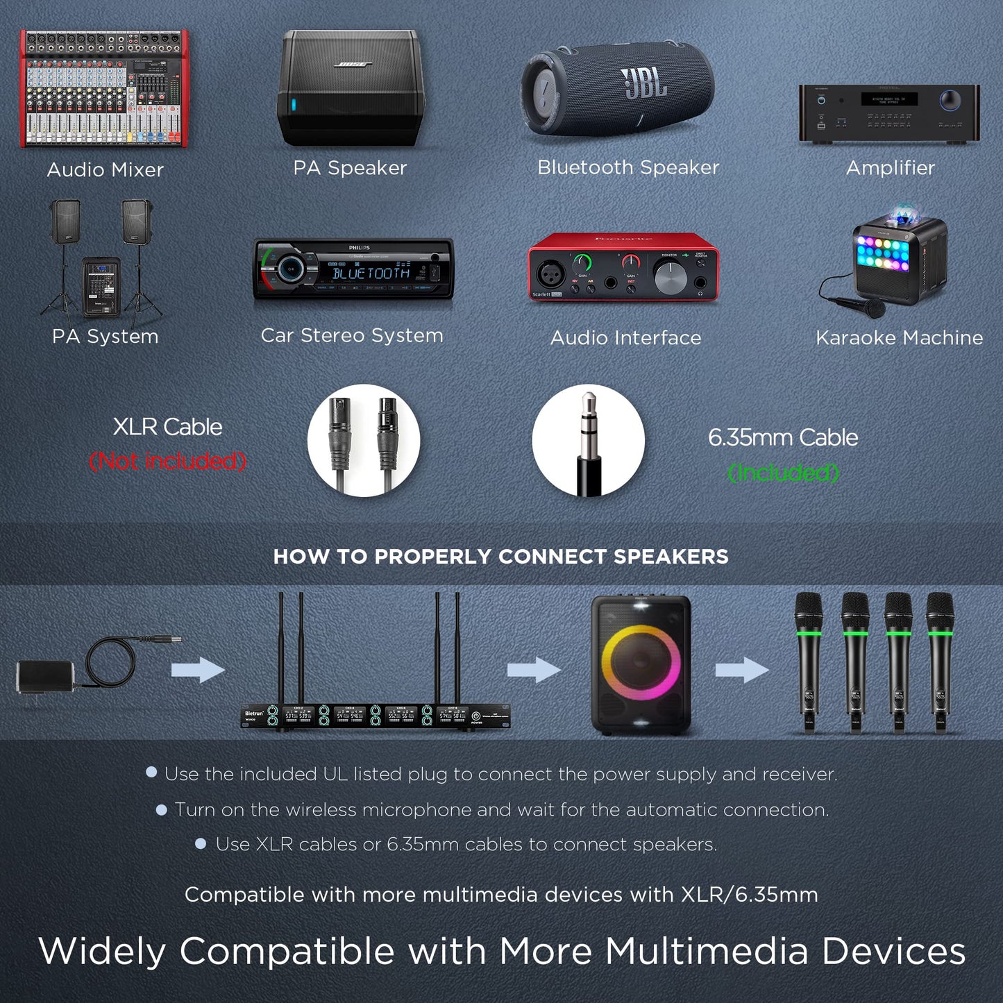 Bietrun 8-Channel Wireless Microphone System with 8 Rechargeable Mics Wireless, UHF 295ft Range, Professional Metal Cordless Dynamic Vocals Mics for Adults,Karaoke Party,Singing,Church,(Auto Connect)
