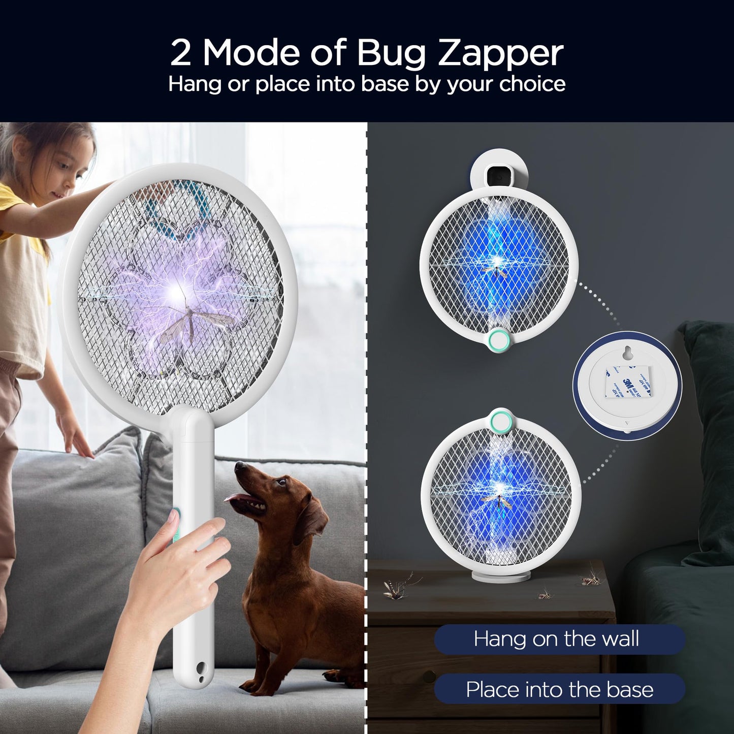 Foldable Electric Fly Swatter 3800V Bug Zapper Racket Rechargeable with UV Lights, Portable Handheld Cordless Mosquito Rackets to Kill Mosquitoes, Wasps, Gnats, Fruit Flies, Flies for Indoor Home