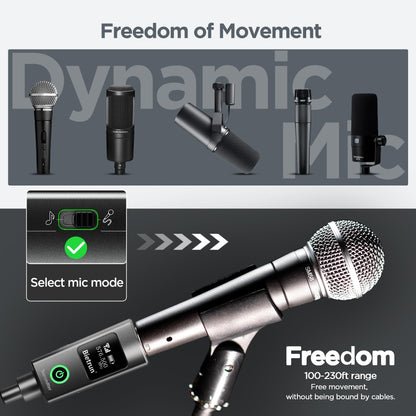 Bietrun Wireless XLR Transmitter Receiver with 48V Phantom Power, UHF 230ft Range, 30 Channels, Wired Change to Wireless Mic XLR Adapter for Dynamic or Condenser Mics (with XLR to 1/4'' Adapter)