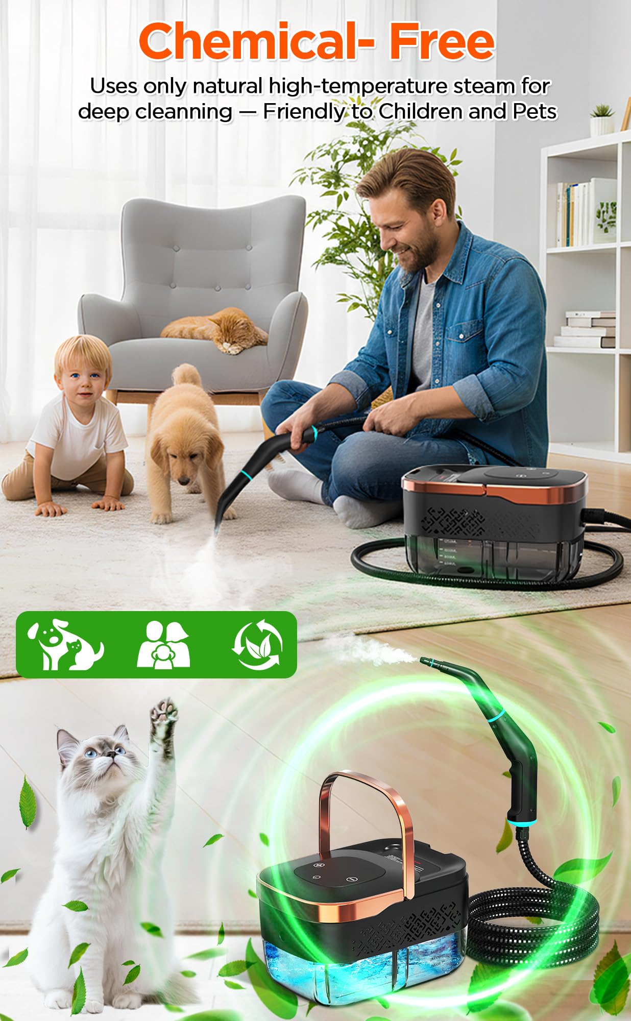 Steam Cleaner for Home & Car, 6 Level Adjustable Steam, 15s Fast Heat-Up, 43oz Large Tank, 1500W Handheld Steam Cleaner for Car Detailing, Home, Wall Tile, Grout, Furniture with 20 Pcs Accessories