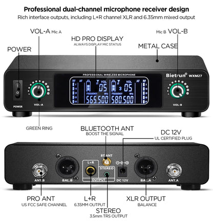Bietrun Wireless Microphone, Rechargeable Metal Dual UHF Cordless Dynamic Handheld Microphone System for Home Karaoke, Meeting, Party, Church, DJ, Wedding(UHF 240ft Range)(Receiver with Bluetooth)
