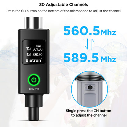Bietrun XLR Wireless Microphone, UHF Dual Handheld Dynamic Metal Mic Set with XLR Rechargeable Receiver, XLR to 1/4'' Adapter, for Karaoke, Church, Wedding, Party Singing(160 ft Range)(Auto Connect)