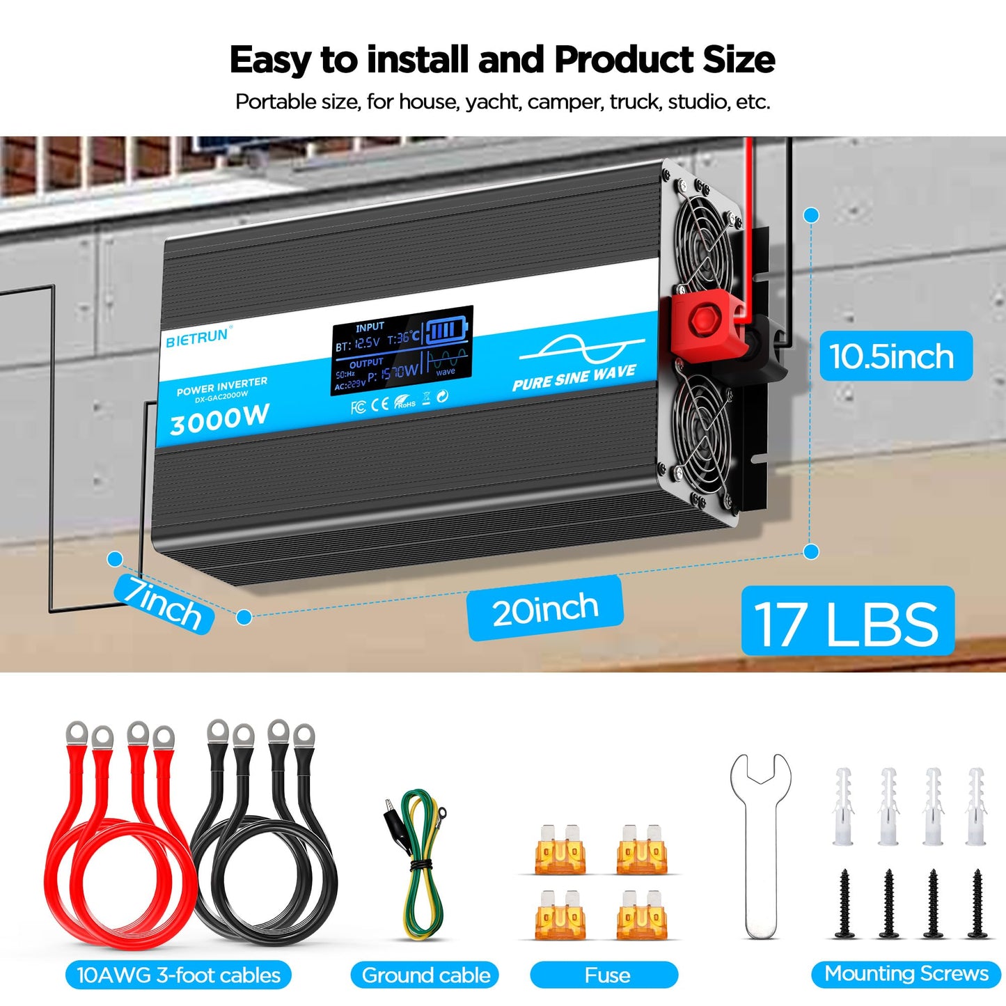 3000W Pure Sine Wave Inverter, 12V to 120V Inverter Converter for LiFePO4, SLD, Gel, FLD, AGM Battery, Peak 6000W, GFCI and Overload Protection, LED Display, Remote Controller, for RV, Marine, Home