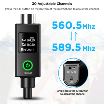 Bietrun XLR Wireless Microphone, Rechargeable Dual Metal Cordless Handheld Dynamic Mics for Mixer, Audio Interface, PA Amplifier System, Church, Singing, Karaoke(UHF 240FT Range)(with 6.35 Adapter)