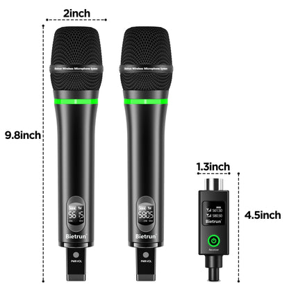 Bietrun XLR Wireless Microphone, Rechargeable Dual Metal Cordless Handheld Dynamic Mics for Mixer, Audio Interface, PA Amplifier System, Church, Singing, Karaoke(UHF 240FT Range)(with 6.35 Adapter)